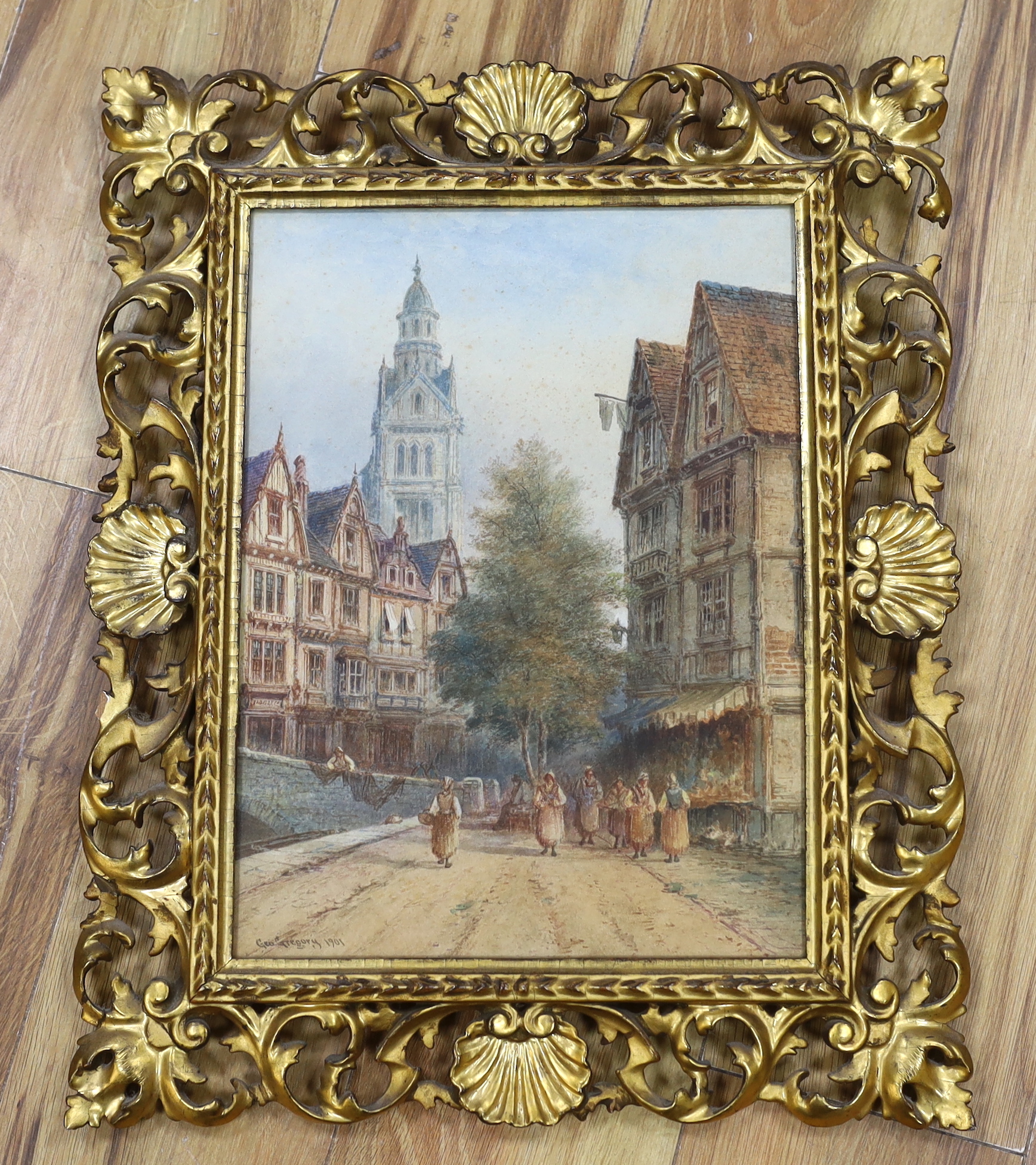 George Gregory (1849-1938), watercolour, Street scene with figures, signed and dated 1901, 36 x 27cm, housed in a Florentine gilt frame